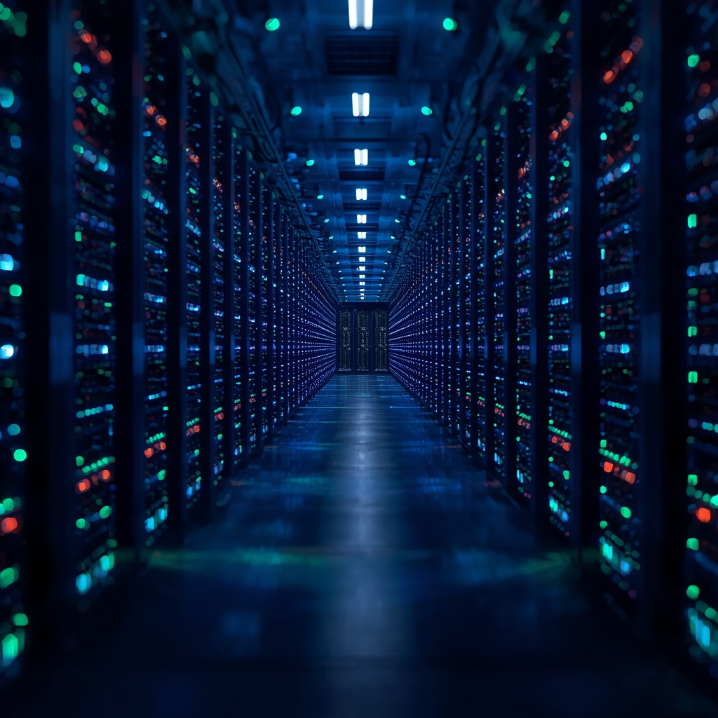 A high-tech server room with glowing blue and green LED lights, endless rows of data servers processing artificial intelligence algorithms, depth of field, hyper-realistic, no people